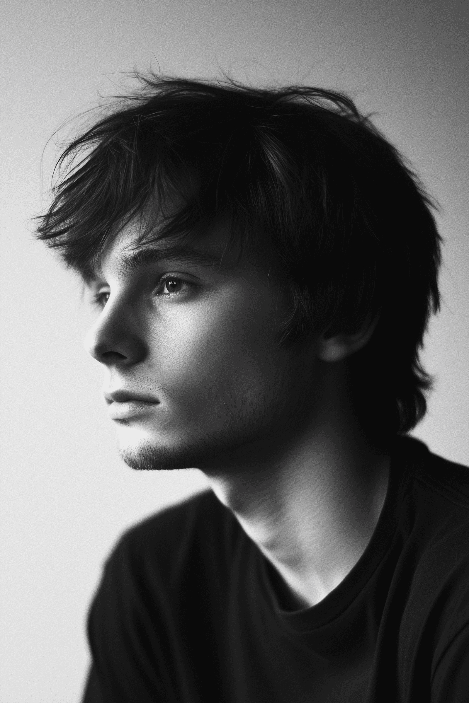 A thoughtful young person with dark hair gazes to the side, captured in soft black and white lighting.